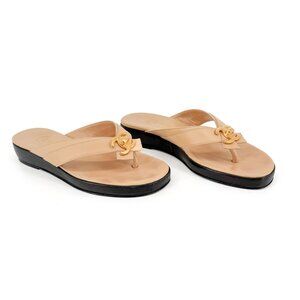 Chanel Beige Turnlock CC Thong Wedge Sandals Platform Size 36.5 US 5.5–6 Women's